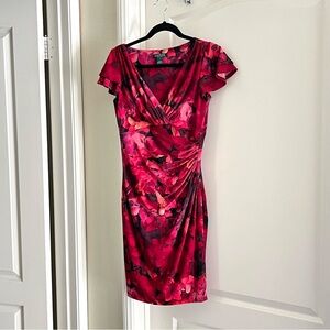 LAUREN by Ralph Lauren Floral Faux Wrap Ruched Dress Red Sz 4
